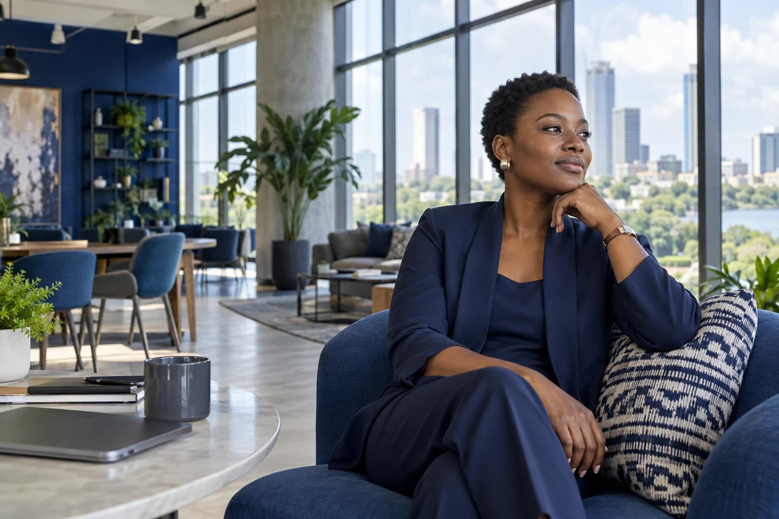 An entrepreneur looking ahead in a light-filled workspace